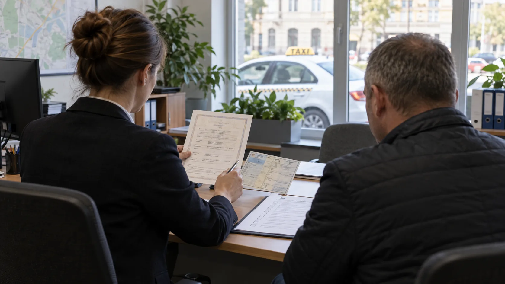 Ilustracja kontroli dokumentów przedsiębiorcy taxi w urzędzie