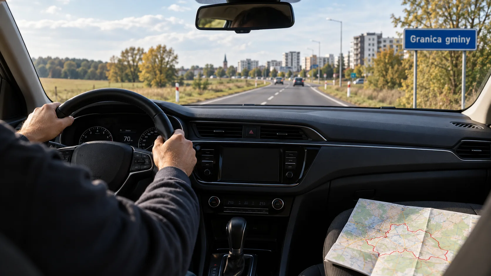 Samochód taxi dojeżdża do granicy gminy
