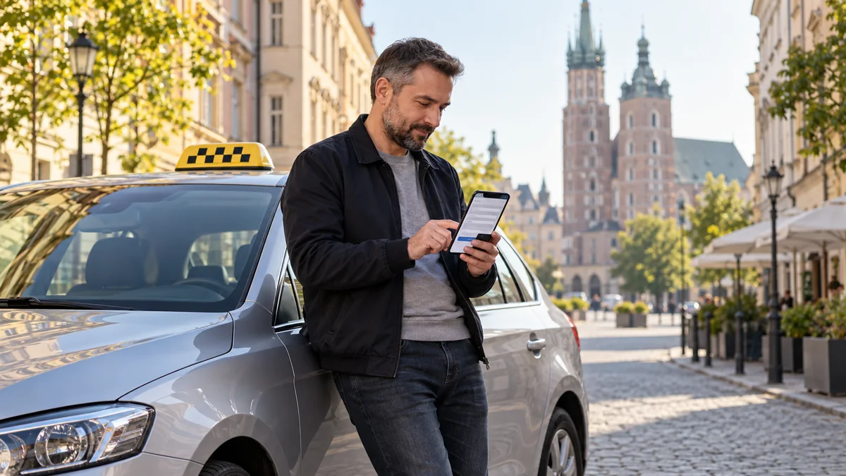 Kierowca przy zaparkowanym samochodzie taxi wypełnia formularz na telefonie.